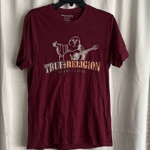 True Religion Men’s Buddha Guitar Logo Maroon Burgundy Tee Shirt Small